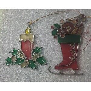 Vintage 2 Kurt Adler Stained Acrylic Christmas Ornaments-Candle + Skate Stocking